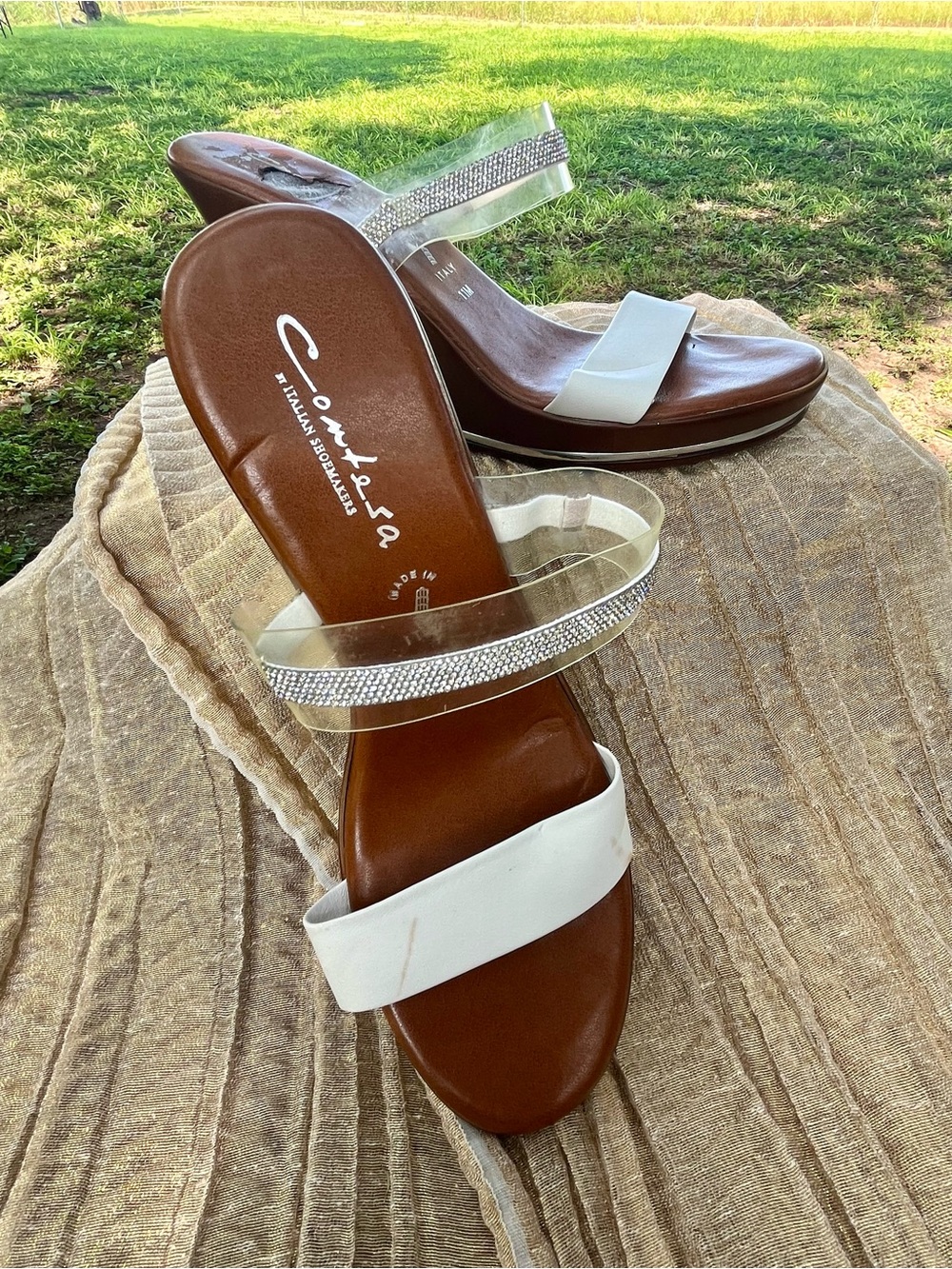White & Clear Wedge Sandals